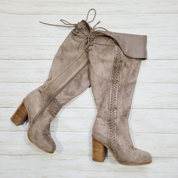 torrid Shoes - Torrid Over the Knee Braided Side Boots Taupe